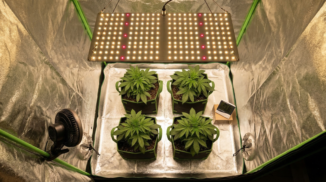 Cultivo indoor em estufa com painel LED full spectrum, quatro plantas em vasos de feltro, ventilação ativa e controle de temperatura e umidade com termohigrômetro.