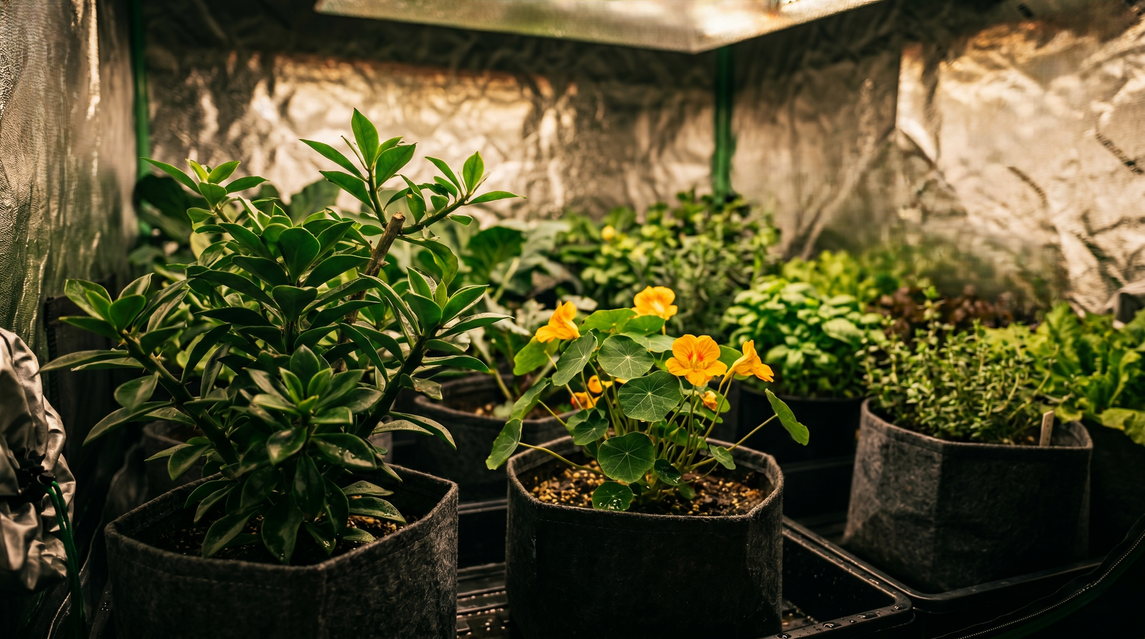 Cultivo indoor de PANCs em vasos de feltro sob iluminação LED, com capuchinha florida e hortaliças em estufa refletiva controlada
