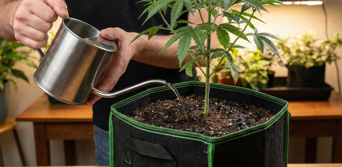 Mãos usando um regador de metal de bico fino para regar uma planta em um vaso de feltro preto durante o cultivo indoor.