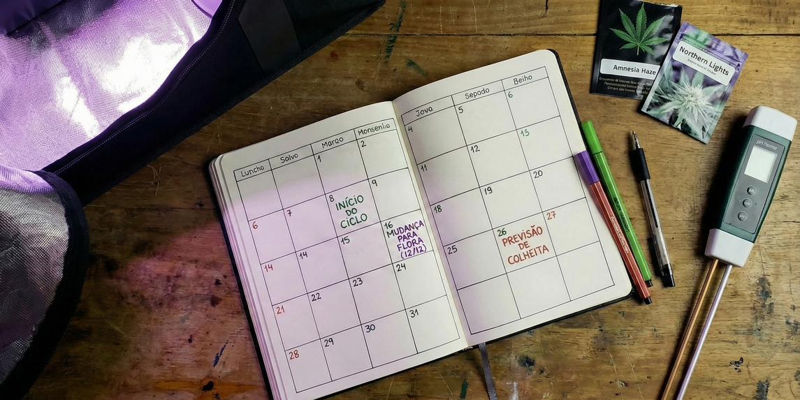 Calendário de plantio aberto sobre mesa de madeira com anotações de início de ciclo, mudança para floração e previsão de colheita, ao lado de medidor digital e canetas para planejamento de cultivo indoor.