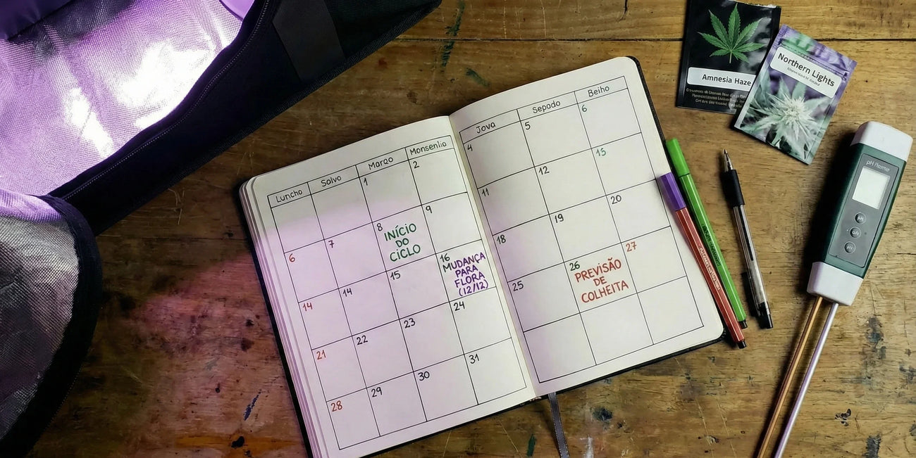 Calendário de plantio aberto sobre mesa de madeira com anotações de início de ciclo, mudança para floração e previsão de colheita, ao lado de medidor digital e canetas para planejamento de cultivo indoor.