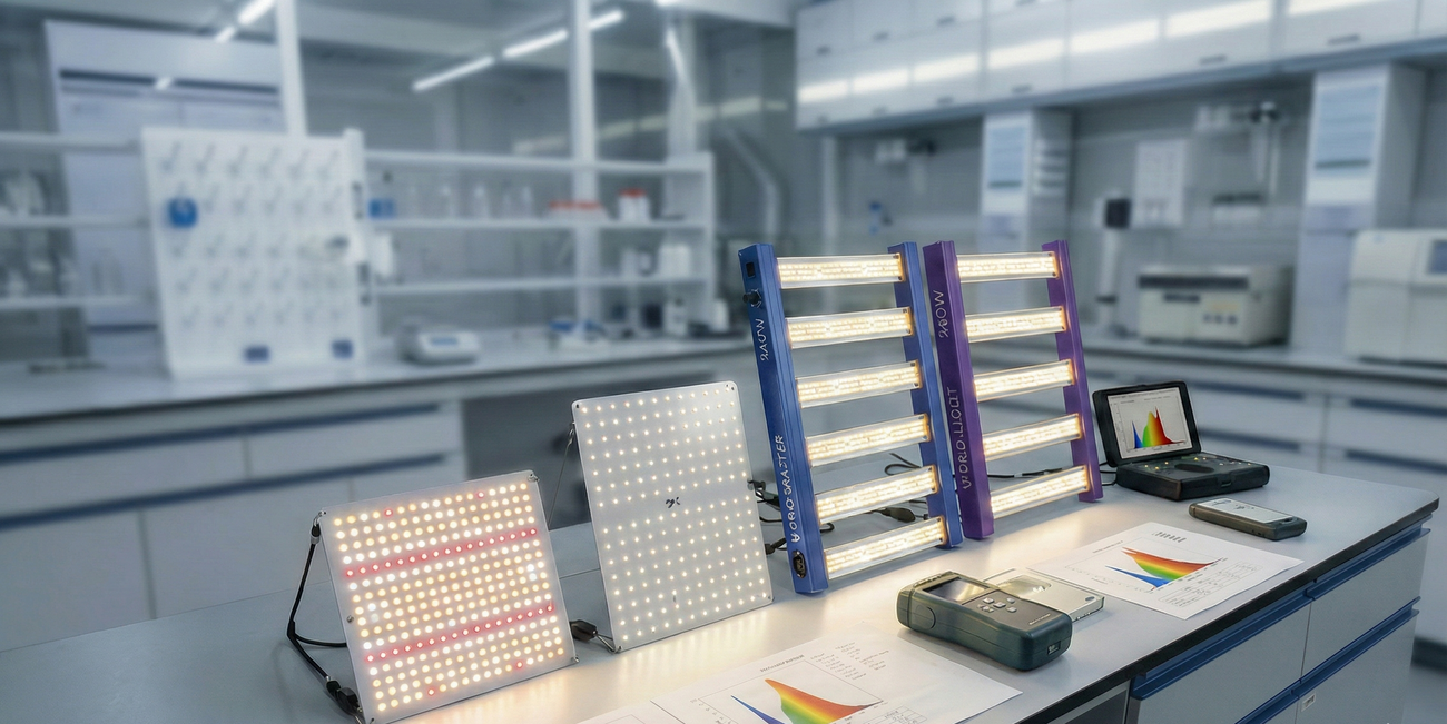 Painéis LED full spectrum para cultivo indoor em bancada de laboratório, com espectrômetro e gráficos de espectro de luz, destacando tecnologia e eficiência energética.