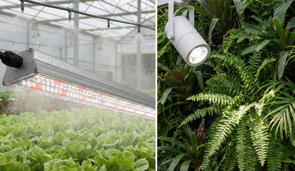 Comparação lado a lado: Barra LED industrial resistente à água da linha HORTILED  MASTERPLANTS em estufa de produção com irrigação, e spot LED elegante da linha PAISAGISMO MASTERPLANTS iluminando um jardim vertical interno seco.