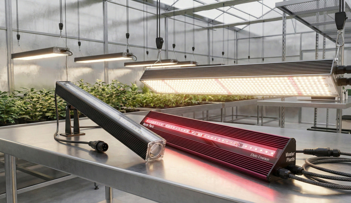 Exposição de luminárias LED da Linha COMPLEMENTAR da Master Plants: Luminária Tubular, barra LED Efeito Emerson com luz vermelha e painéis maiores pendurados em estufa de cultivo.