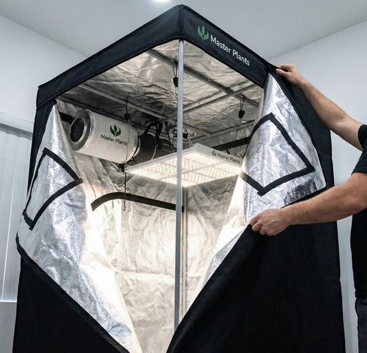 Pessoa montando uma estufa de cultivo indoor, ajustando a lona Mylar 600D em uma estrutura metálica contendo dentro painel de LED e Filtro de carvão do Kit Grow Master Plants.