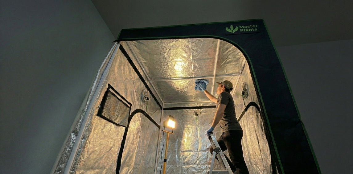 Pessoa realizando a limpeza interna de uma estufa grow Master Plants, higienizando o Mylar refletivo para garantir durabilidade, eficiência luminosa e prevenção de problemas no cultivo indoor.