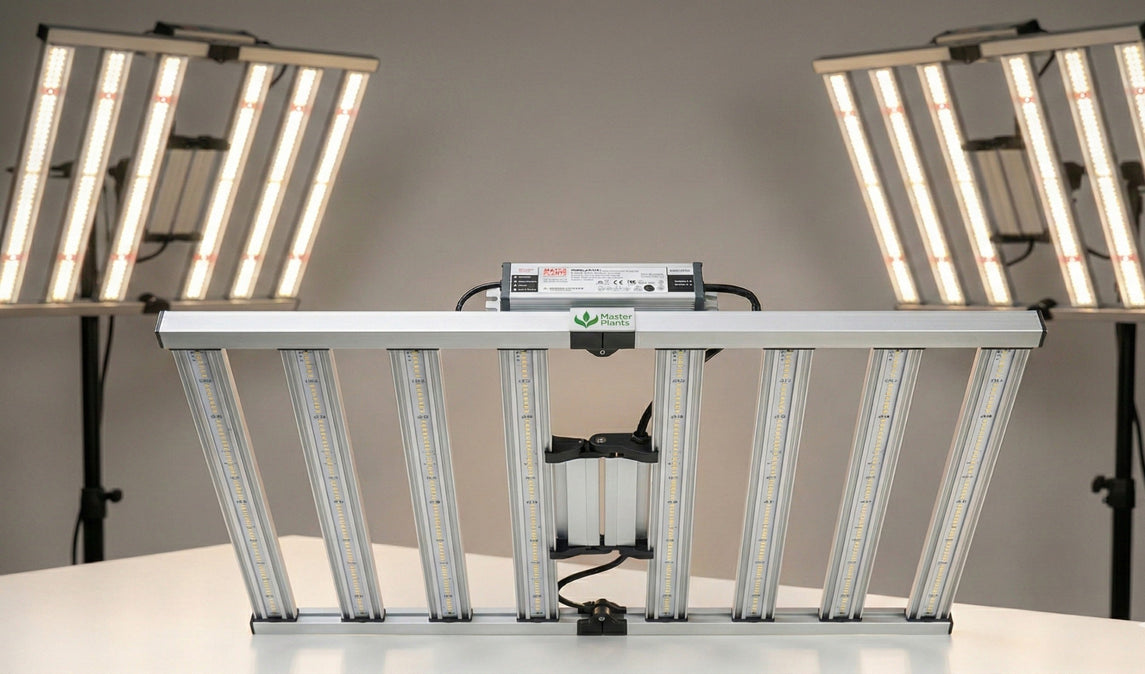 LED Quantum Barra 1000W Master Plants com design em barras, chips Samsung LM283B+ e dimmer integrado, oferecendo alta eficiência e cobertura uniforme para cultivo indoor.