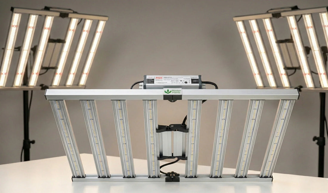 LED Quantum Barra 1000W Master Plants com design em barras, chips Samsung LM283B+ e dimmer integrado, oferecendo alta eficiência e cobertura uniforme para cultivo indoor.