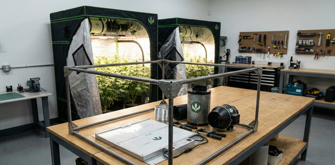 Estrutura de estufa grow 100x100 sendo montada com LED Quantum Barra, exaustor e filtro de carvão Master Plants em bancada, com estufas montadas ao fundo. MASTERPLANTS