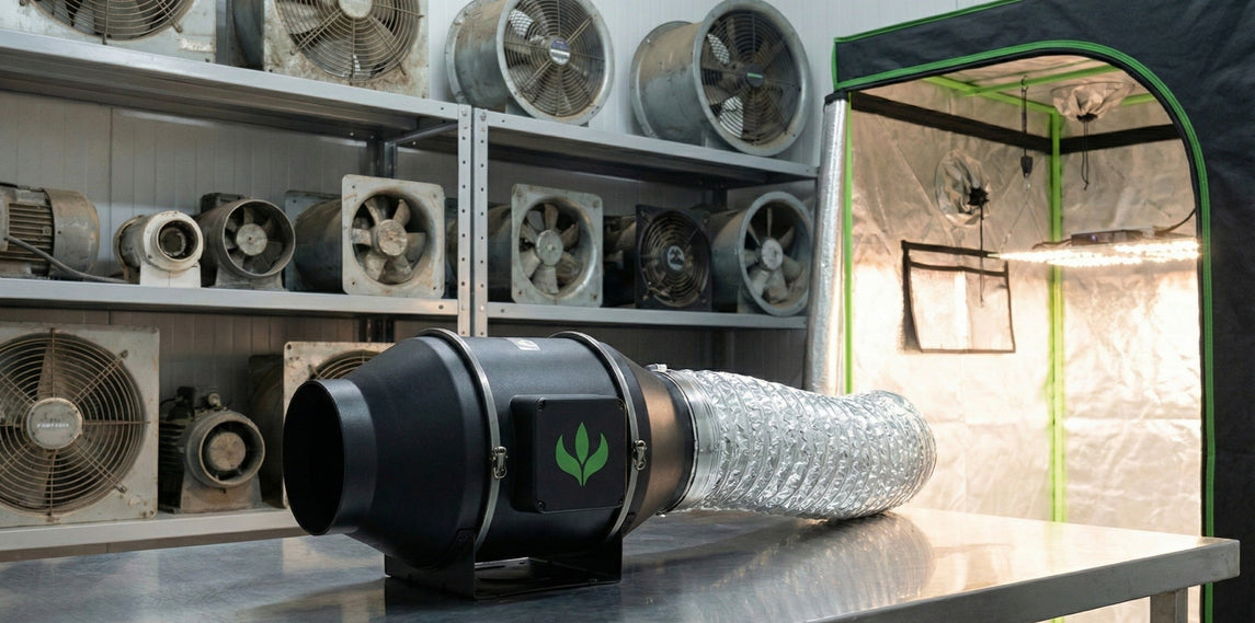 Exaustor Turbo Master Plants com duto flexível instalado para ventilação de estufa grow, garantindo renovação do ar, controle de temperatura e umidade no cultivo indoor.