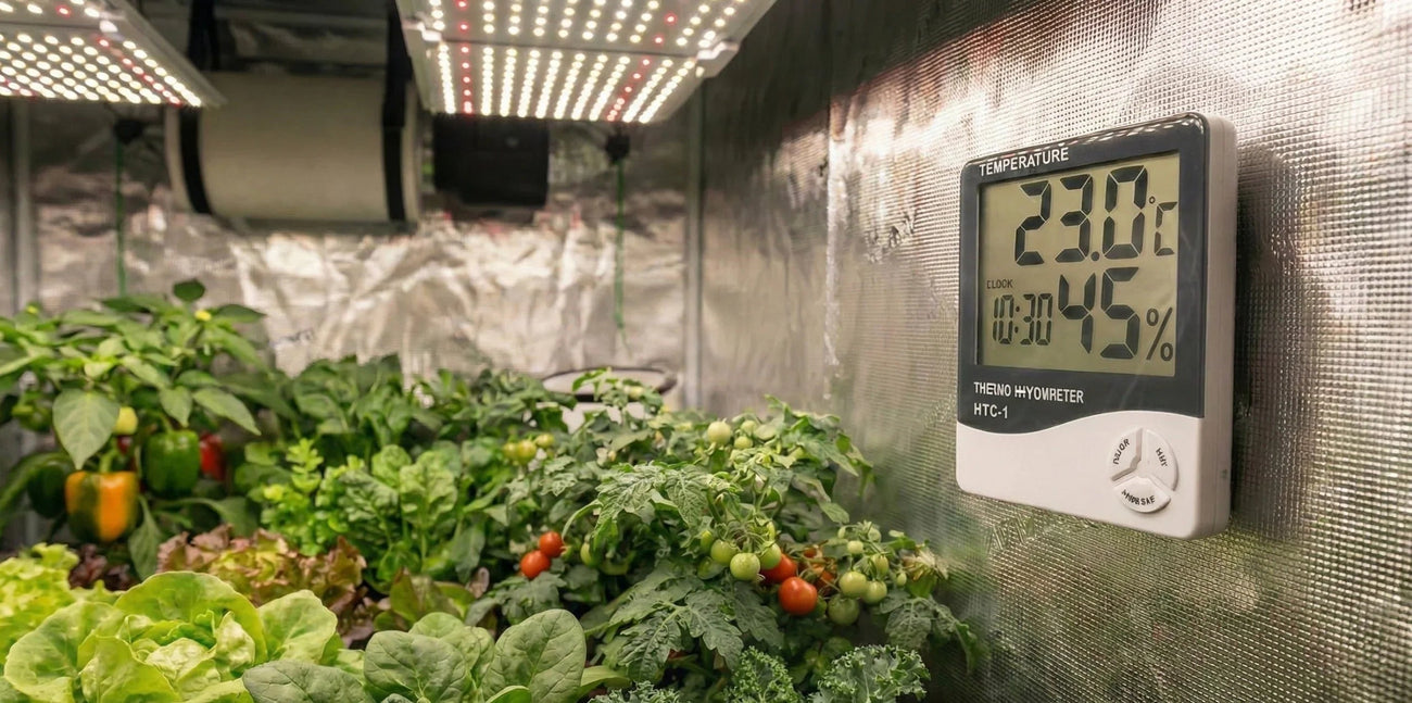 Termo Higrômetro digital instalado em estufa de cultivo indoor, medindo temperatura e umidade para controle climático ideal durante o crescimento das plantas.