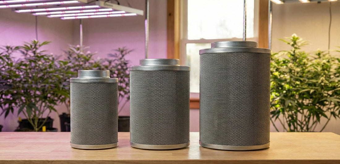 Filtros de carvão ativado Master Plants em diferentes tamanhos para cultivo indoor, usados para eliminar odores e manter o controle do ar em estufas grow.