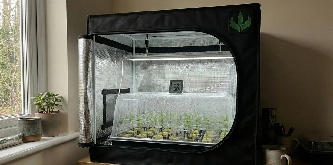 Estufa de propagação 60x40cm MASTERPLANTS com mudas em clonagem, iluminação LED e controle de umidade e temperatura para cultivo indoor.