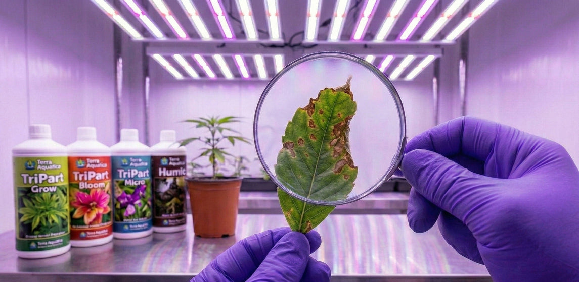 Folha de planta com deficiência nutricional sendo analisada com lupa em cultivo indoor, com fertilizantes Terra Aquatica MASTERPLANTS ao fundo sob iluminação LED.