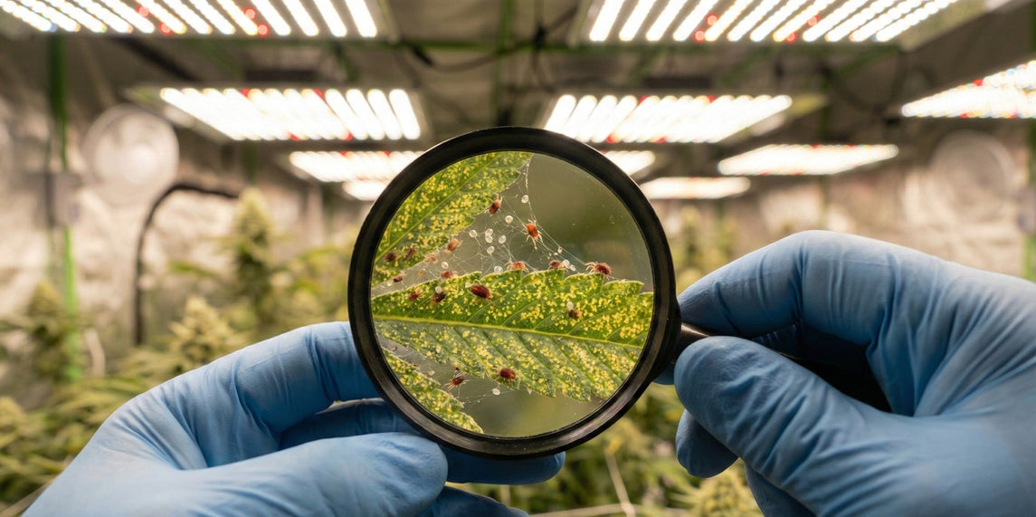 Inspeção de pragas no cultivo indoor com lupa, mostrando ácaros em folha de planta sob iluminação LED em estufa de cultivo.