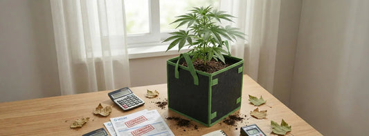 Vaso de feltro para cultivo indoor com planta saudável sobre mesa, ao lado de contas e calculadora simbolizando economia de energia e água no grow sustentável.
