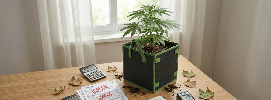 Vaso de feltro para cultivo indoor com planta saudável sobre mesa, ao lado de contas e calculadora simbolizando economia de energia e água no grow sustentável.