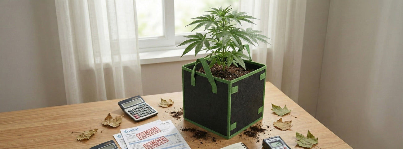 Vaso de feltro para cultivo indoor com planta saudável sobre mesa, ao lado de contas e calculadora simbolizando economia de energia e água no grow sustentável.