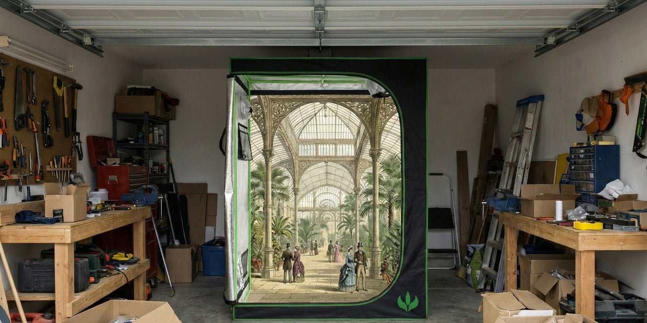 Estufa indoor Master Plants instalada em garagem, com interior ilustrando antiga estufa de vidro histórica, simbolizando a evolução do cultivo indoor da arquitetura clássica à tecnologia moderna.