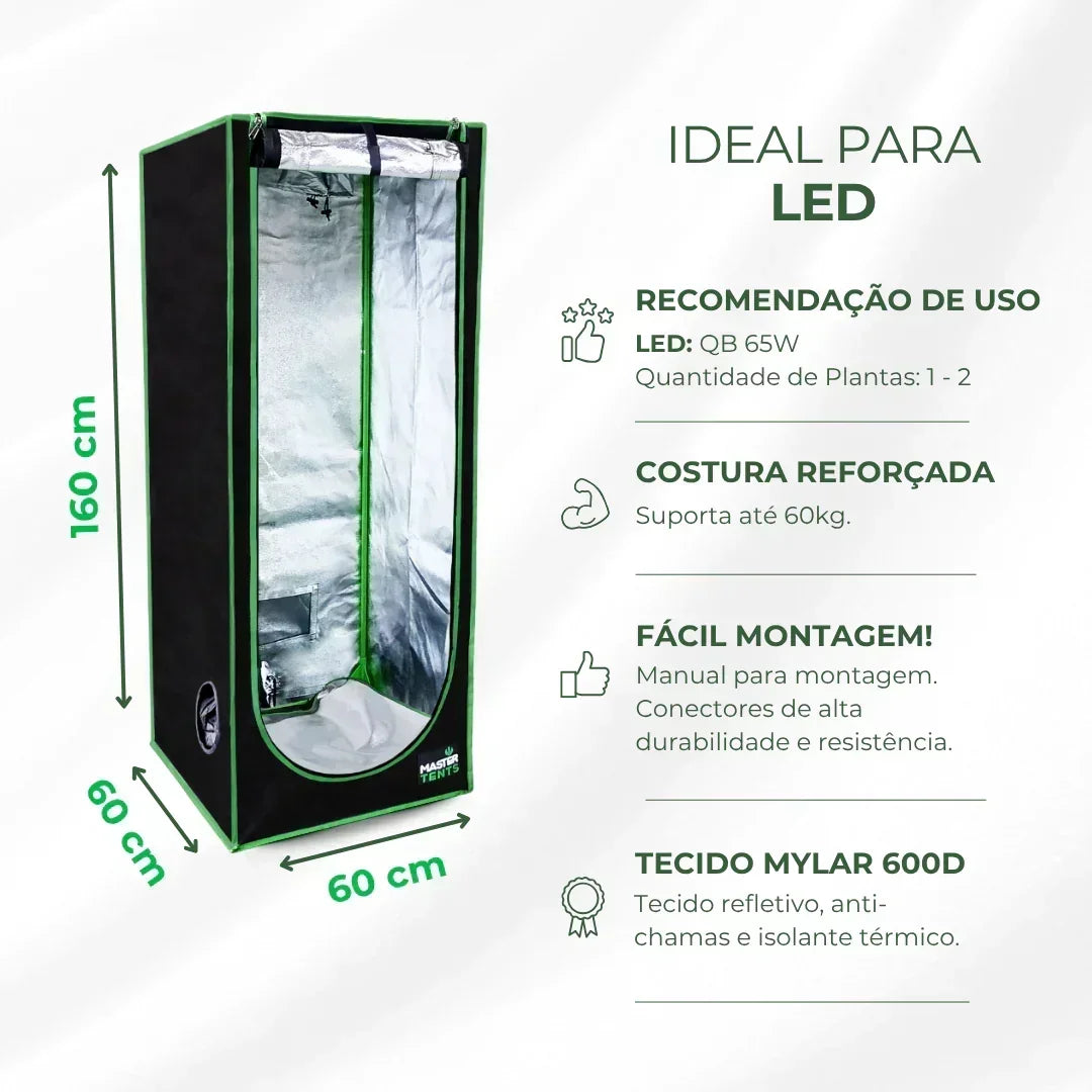 Kit Cultivo Grow Completo Estufa 60x60x160cm + LED Qb 65W Samsung LM301H EVO + Exaustor 100MM Branco + Filtro 100mm 300m³