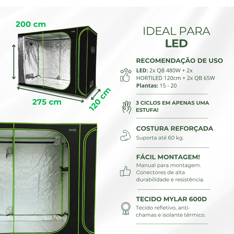 Estufa 3em1 275x120x200cm para Cultivo Indoor Tecido Mylar Refletivo PRO