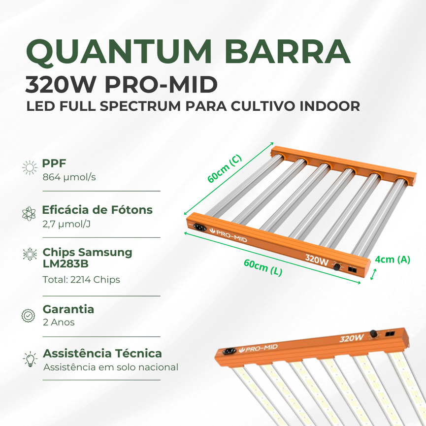 Painel de LED Quantum Barra 320W com Chips Samsung LM283B - Cultivo Indoor