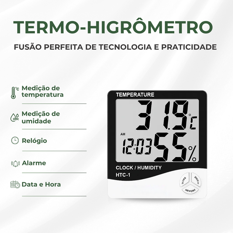 Termohigrômetro Digital Relógio Medidor de Umidade e Temperatura