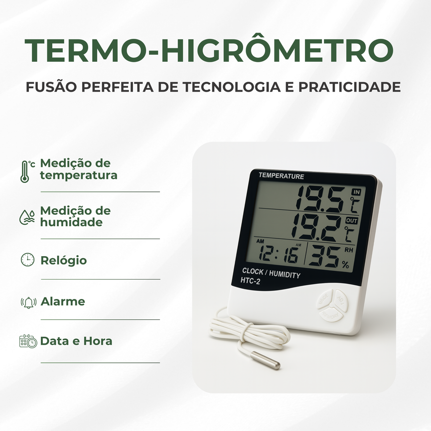 Higrômetro Digital Relógio Medidor de Umidade e Temperatura