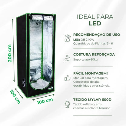 Kit Cultivo Grow Completo Estufa 100x100x200cm + LED Qb 240W Samsung LM301H UV+IR + Exaustor Turbo 125MM Preto + Filtro 125mm 580m³