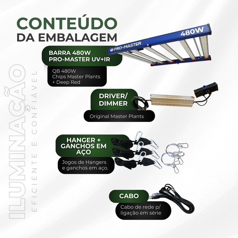 Painel de LED Quantum Barra 480W PRO-MASTER Chips Master Plants UV+IR - Cultivo Indoor