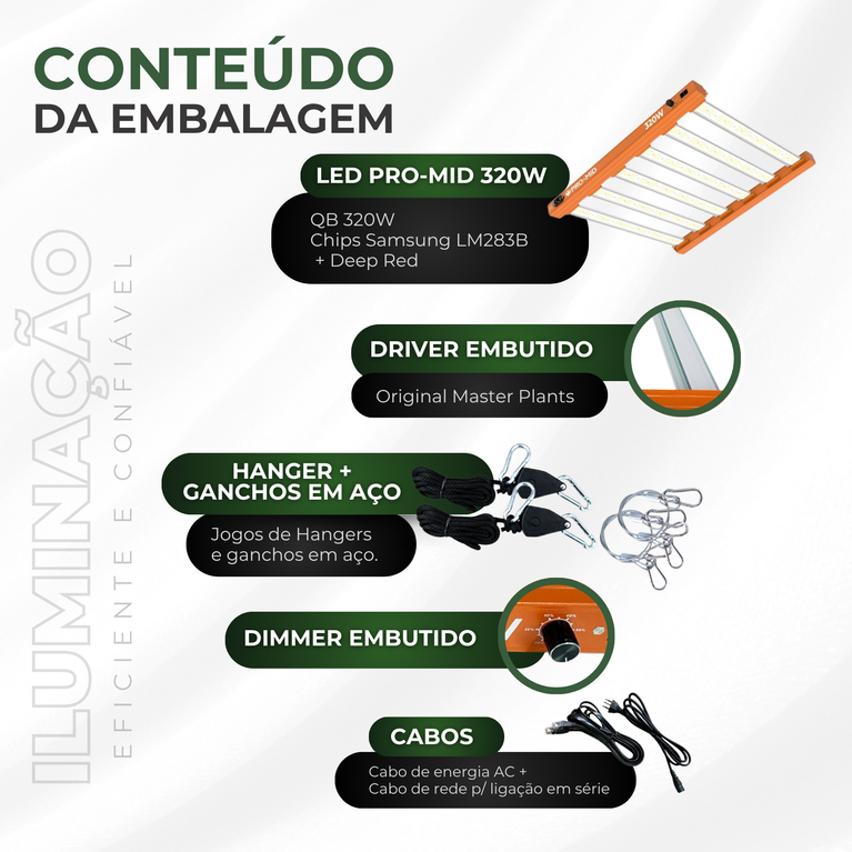 Painel de LED Quantum Barra 320W PRO-MID Chips Samsung LM283B - Cultivo Indoor