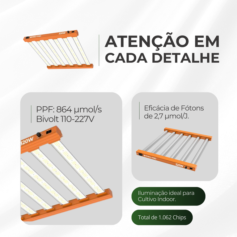 Painel de LED Quantum Barra 320W PRO-MID Chips Samsung LM283B - Cultivo Indoor