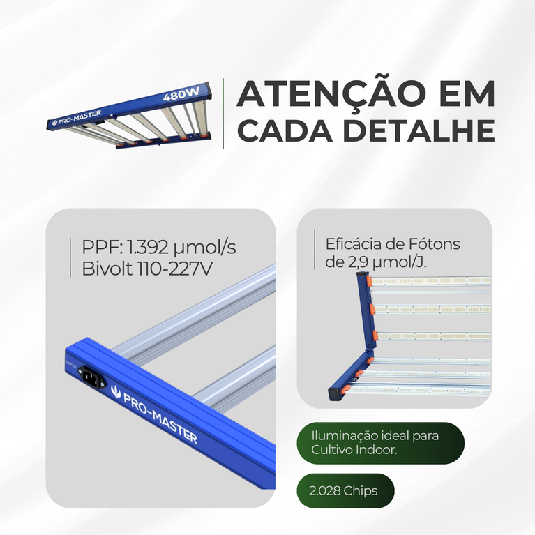 Painel de LED Quantum Barra 480W PRO-MASTER Chips Master Plants UV+IR - Cultivo Indoor