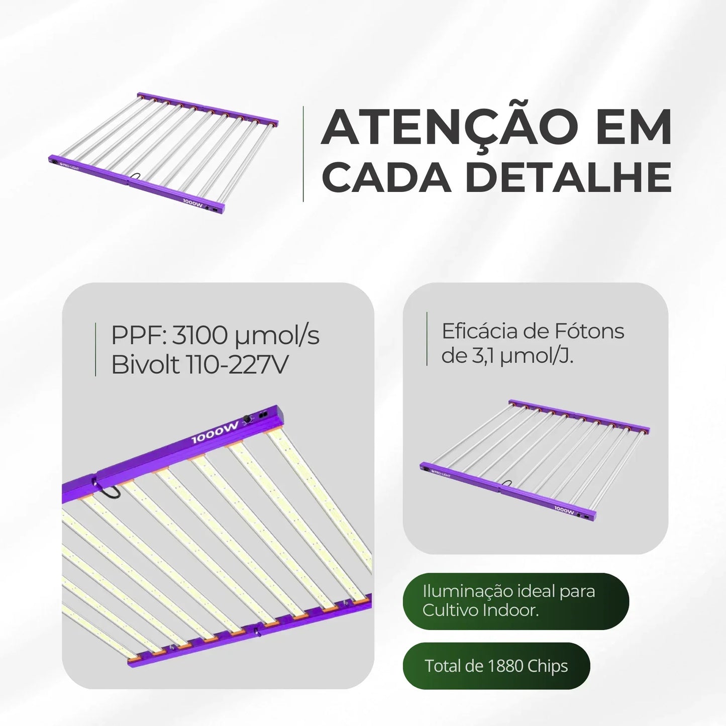 Kit 02un Painel de LED Quantum Barra 1000W com Chips Samsung LM301H - Cultivo Indoor