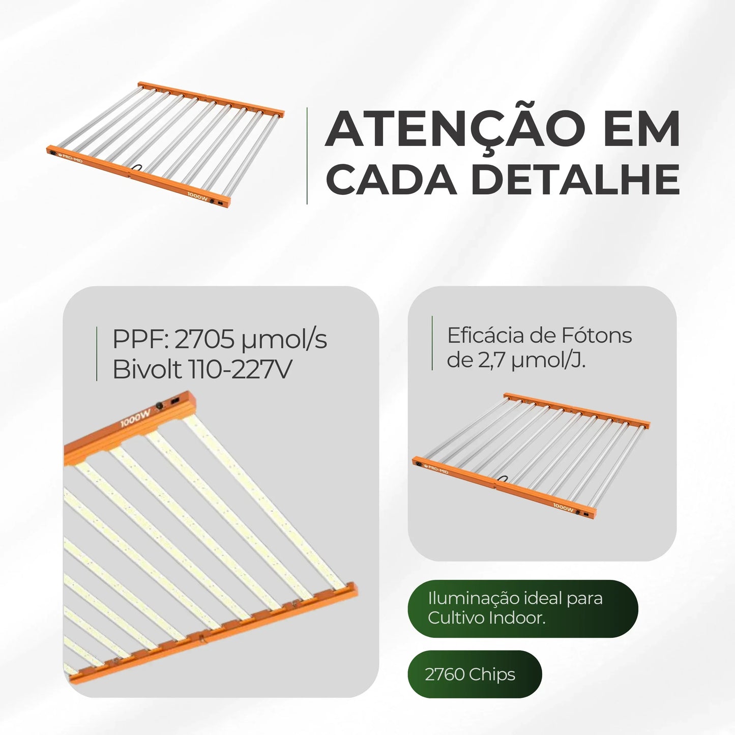 Kit 02un Painel de LED Quantum Barra 1000W com Chips Samsung LM283B - Cultivo Indoor
