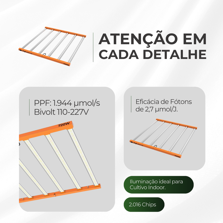 Kit 02un Painel de LED Quantum Barra 720W com Chips Samsung LM283B - Cultivo Indoor