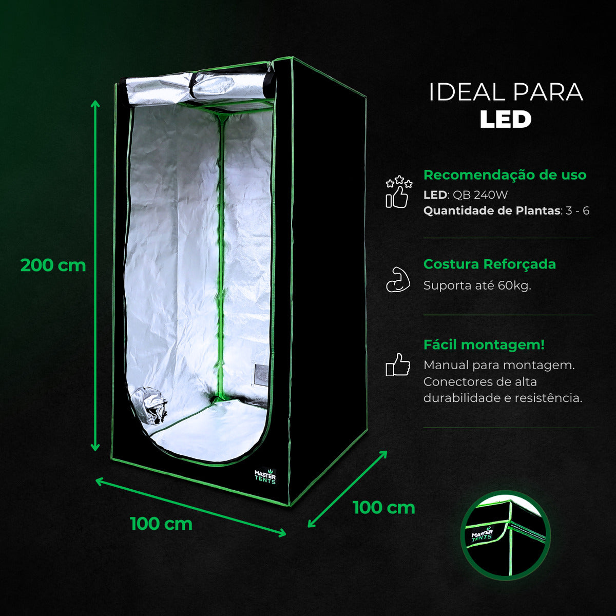 Kit de Cultivo Estufa Tenda 100x100x200 + Quantum Barra Qb 480W PRO LM301H EVO