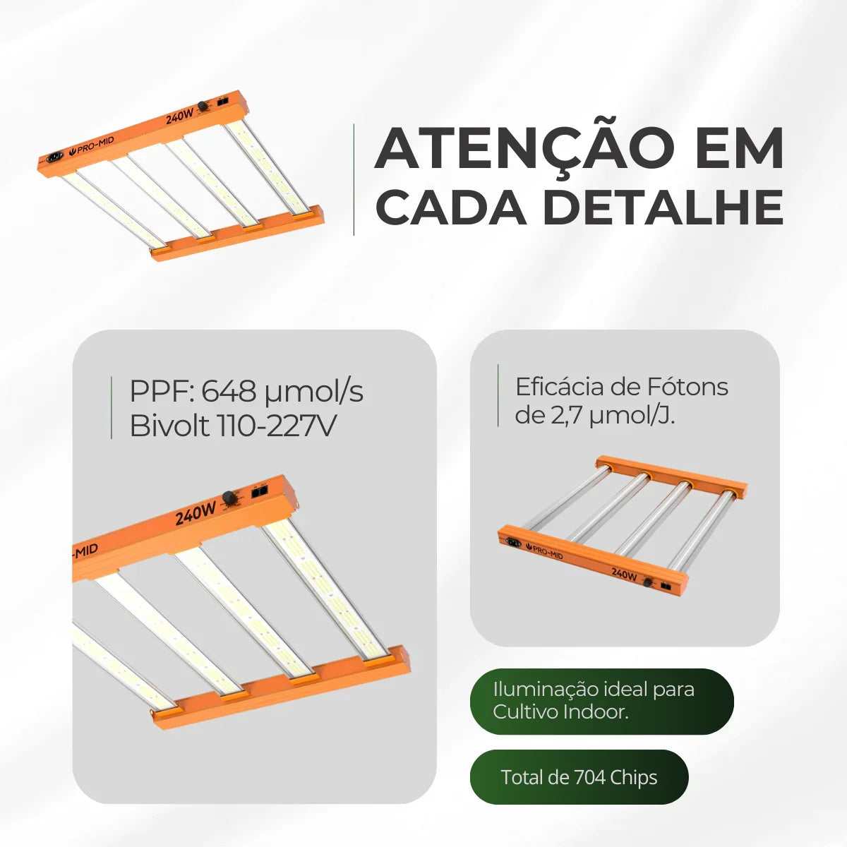 Painel de LED Quantum Barra 240W PRO-MID Chips Samsung LM283B - Cultivo Indoor