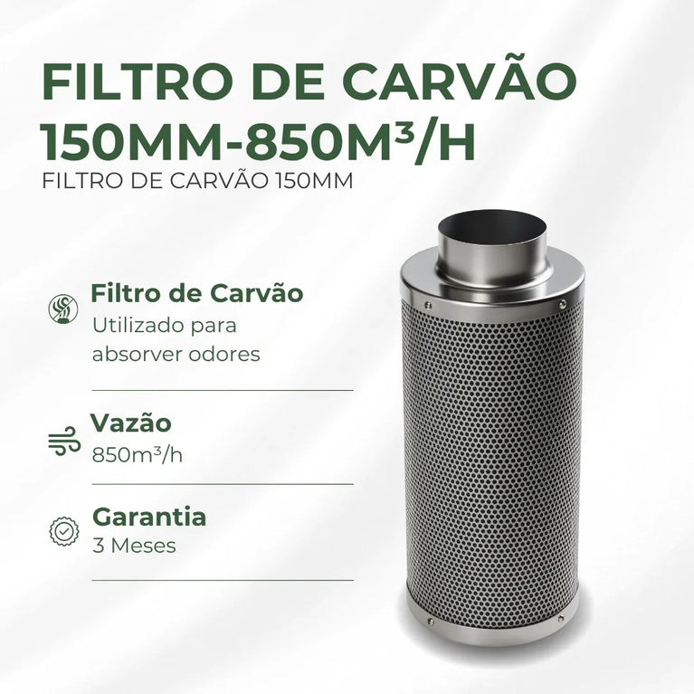 Filtro de Carvão Ativado 150mm 850m3/h Cultivo Indoor Estufa