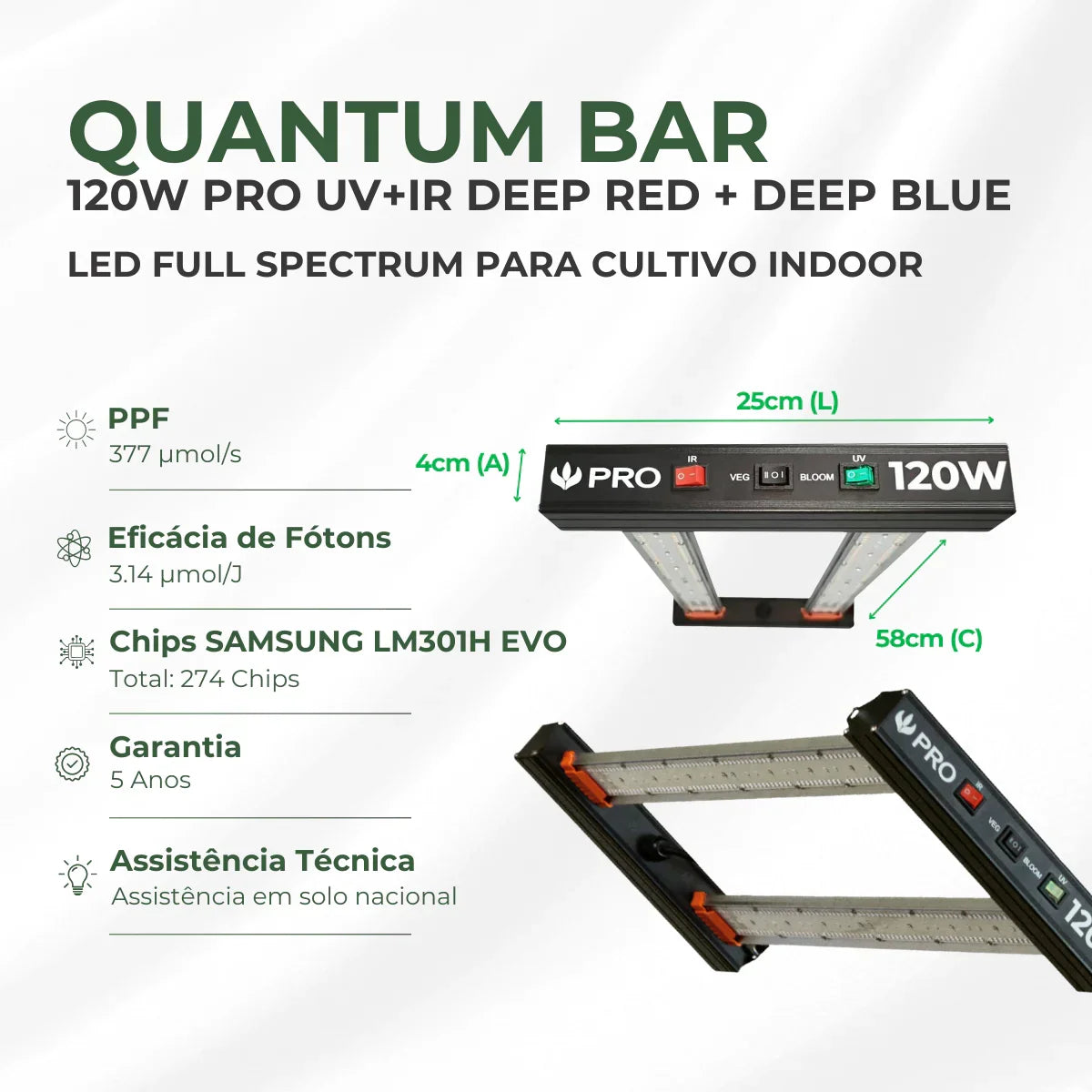 Painel de Led 120W Quantum Bar PRO UV+IR Chips Samsung LM301H EVO - Cultivo Indoor