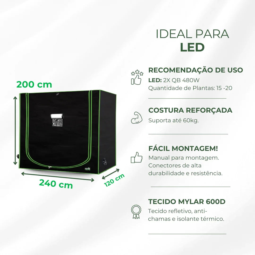 Estufa 240x120x200cm Tenda Grow para Cultivo Indoor Tecido Mylar Refletivo