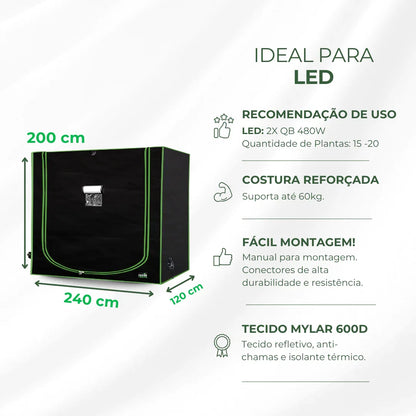 Estufa 240x120x200cm Tenda Grow para Cultivo Indoor Tecido Mylar Refletivo