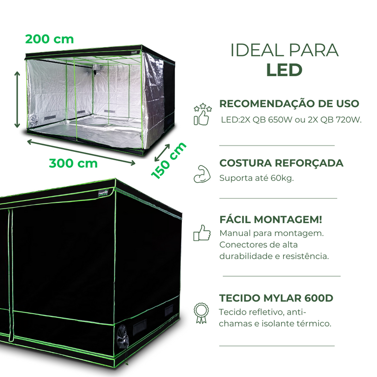 Estufa 300x150x200cm Tenda Grow para Cultivo Indoor Tecido Mylar Refletivo