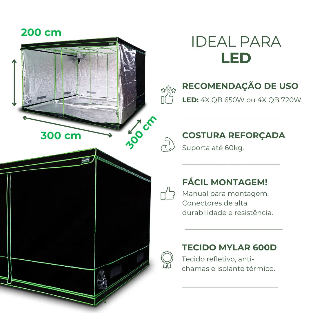 Estufa 300x300x200cm Tenda Grow para Cultivo Indoor Tecido Mylar Refletivo
