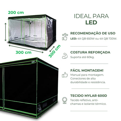 Estufa 300x300x200cm Tenda Grow para Cultivo Indoor Tecido Mylar Refletivo