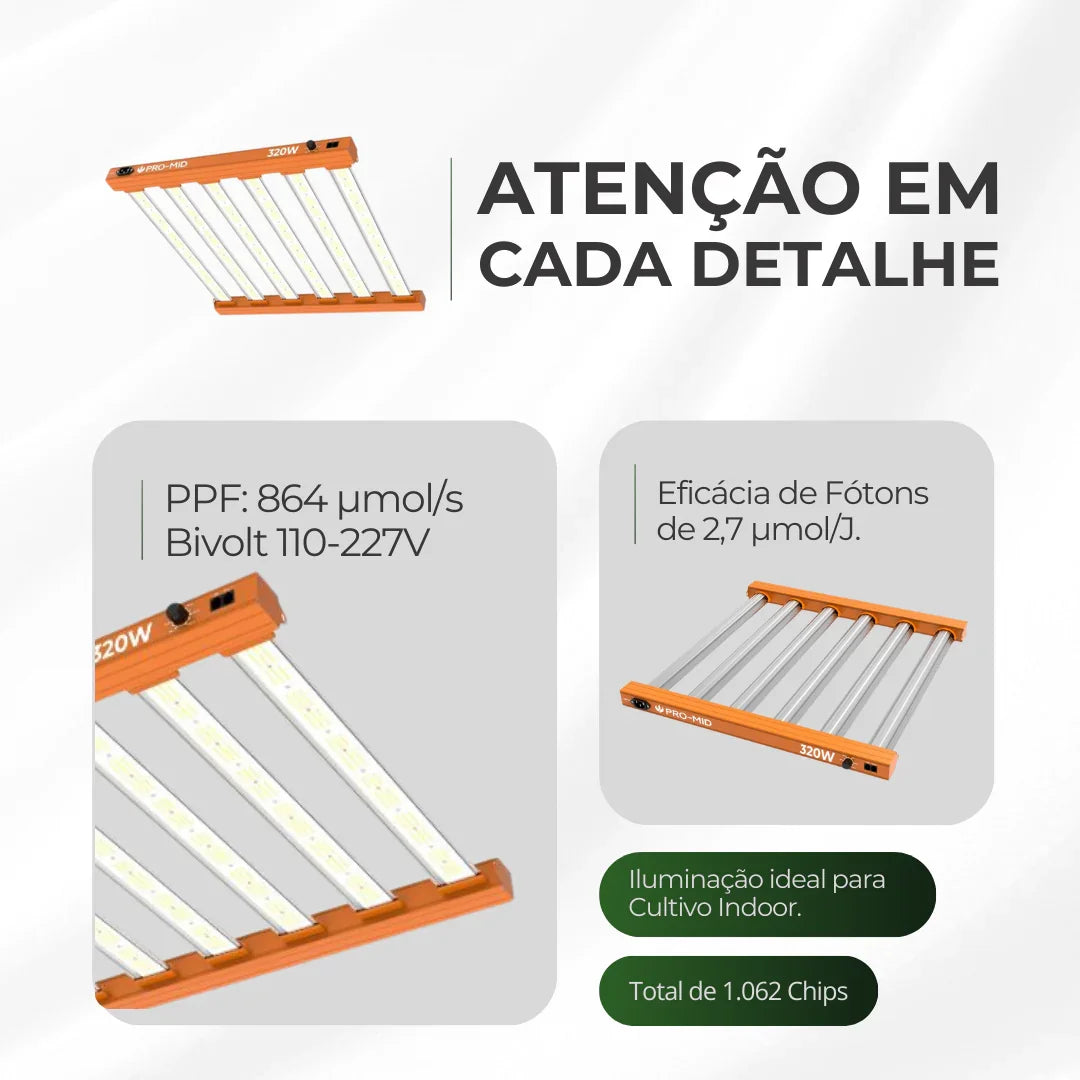 Painel de LED Quantum Barra 320W PRO-MID Chips Samsung LM283B - Cultivo Indoor