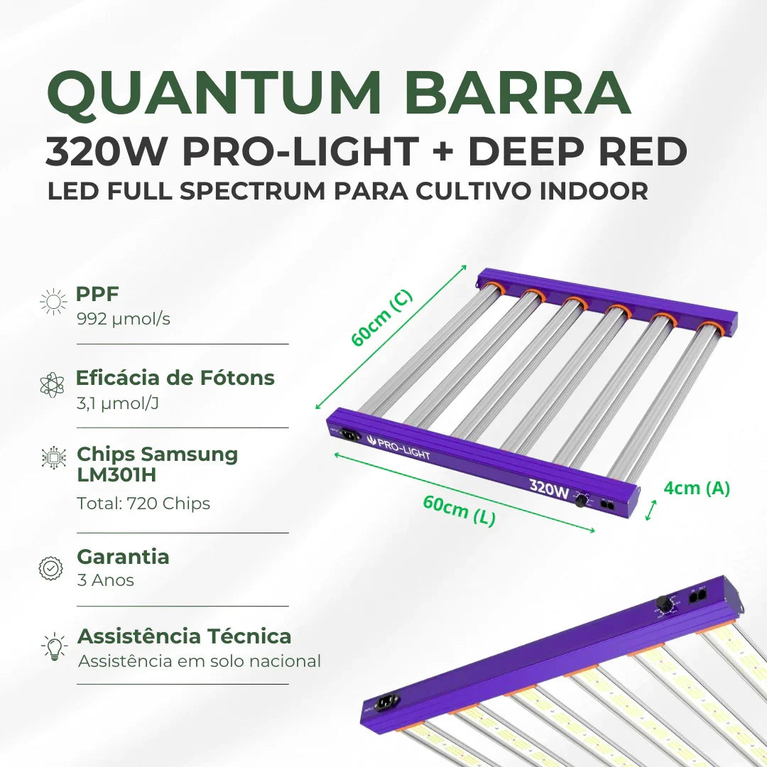 Painel de LED Quantum Barra 320W PRO-LIGHT Chips Samsung LM301H - Cultivo Indoor