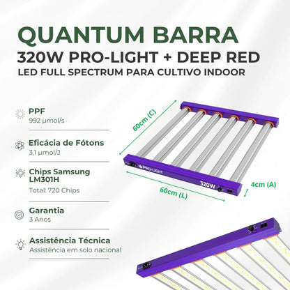 Painel de LED Quantum Barra 320W PRO-LIGHT Chips Samsung LM301H - Cultivo Indoor