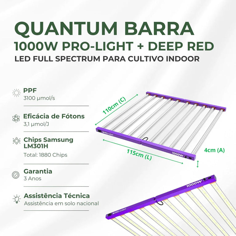 Painel de LED Quantum Barra 1000W PRO-LIGHT Chips Samsung LM301H - Cultivo Indoor