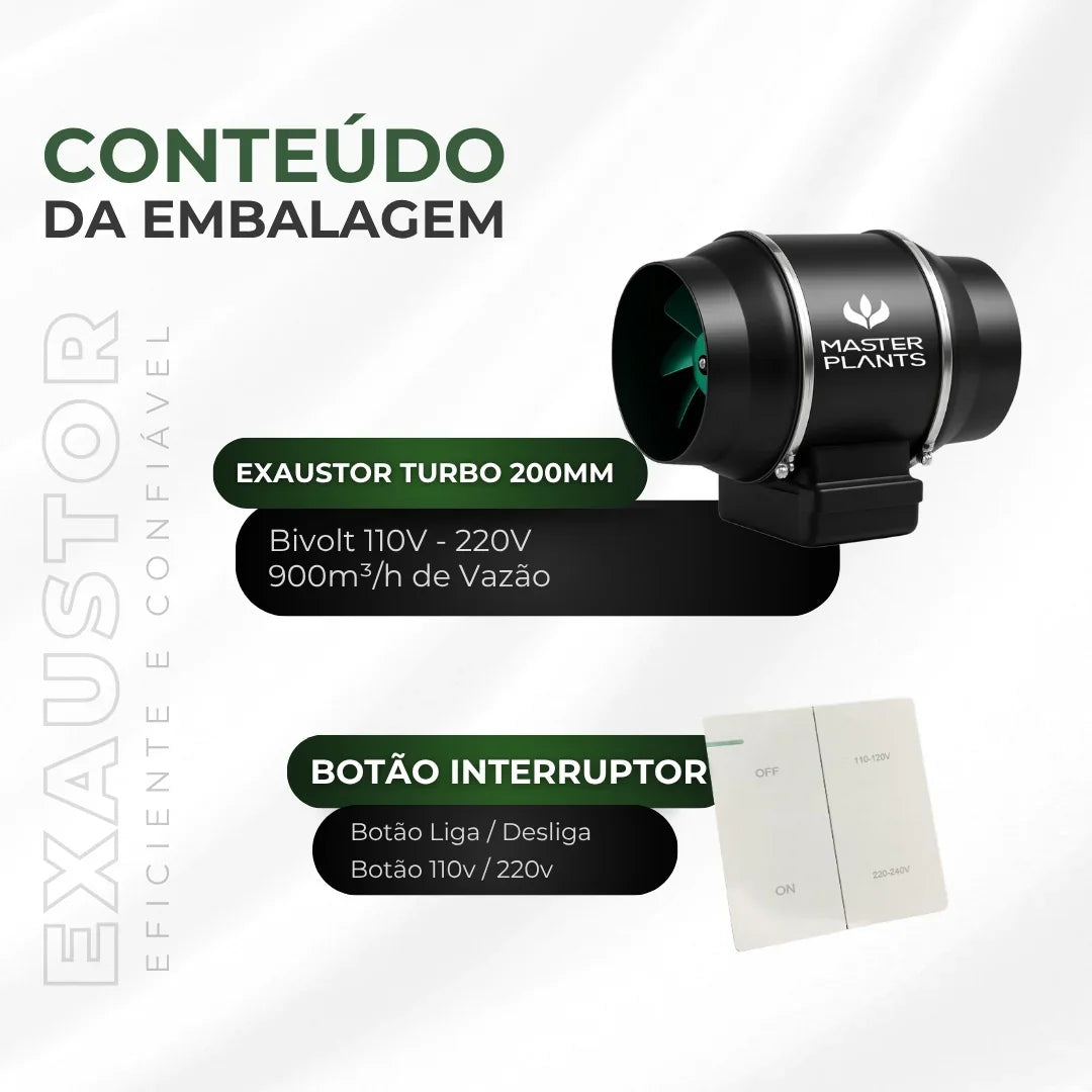 Exaustor Turbo Bivolt 200mm Cultivo Indoor Grow 130w Preto